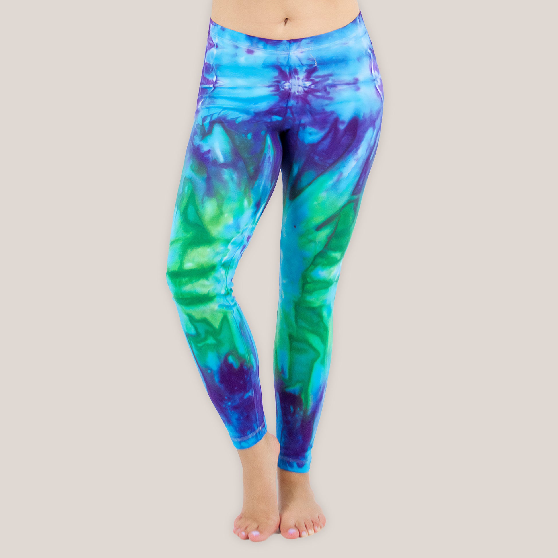 Teal + blue tie dye yoga leggings by Akasha Sun.