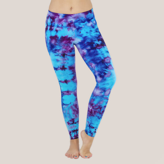 Blue and purple ice dye yoga leggings by Akasha Sun.