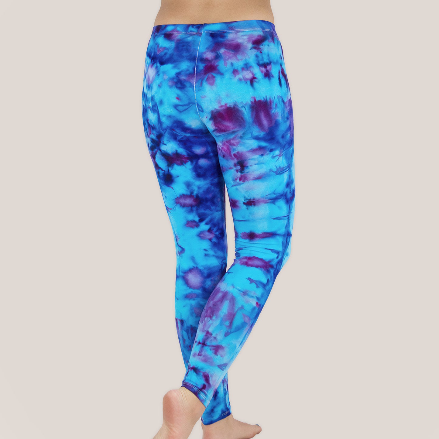 Blue and purple ice dye yoga leggings by Akasha Sun.