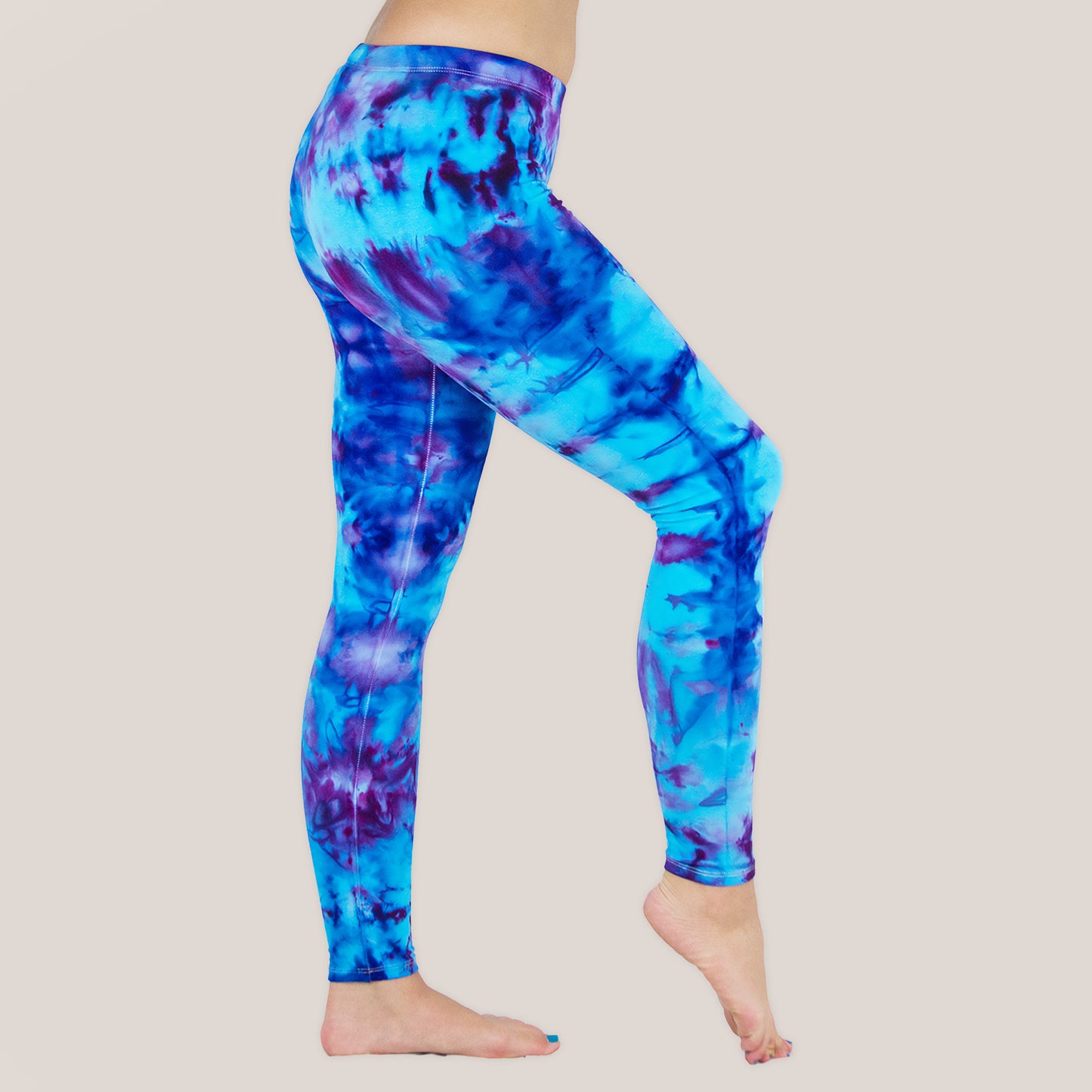 Blue and purple ice dye yoga leggings by Akasha Sun.
