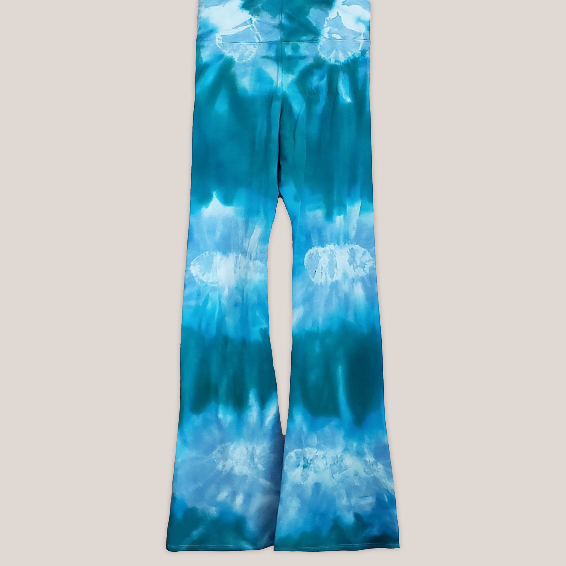 Teal tie dye yoga pants with wide waistband by Akasha Sun