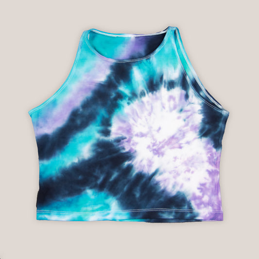 Black, teal, and purple tie dye crop top by Akasha Sun.