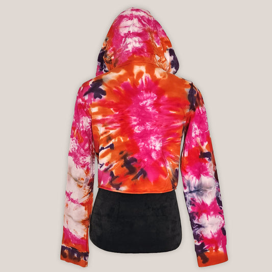 Colorful tie-dye hoodie with a black base on a light gray background