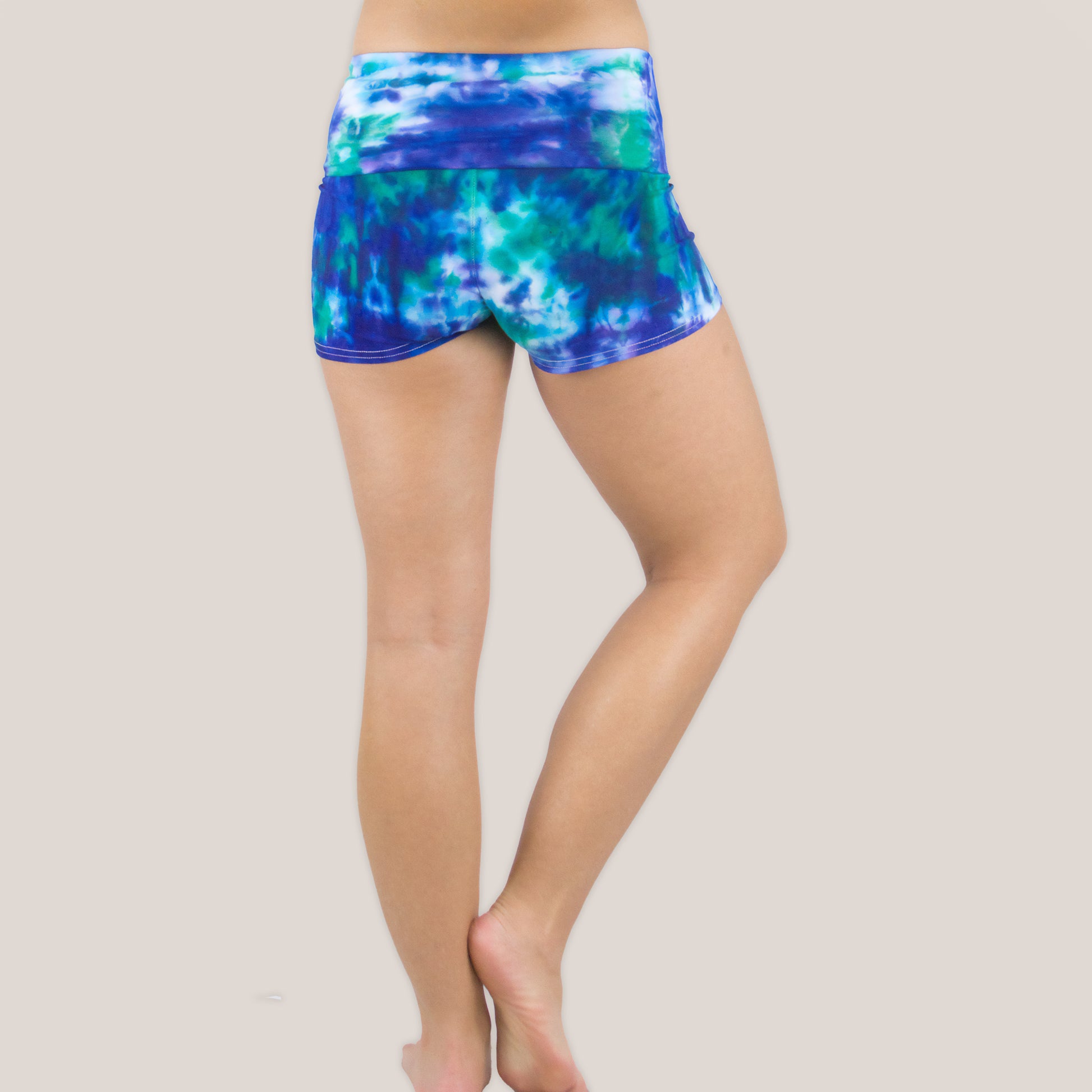 Blue and Teal Tie Dye Yoga Shorts with a Foldover Waistband by Akasha Sun