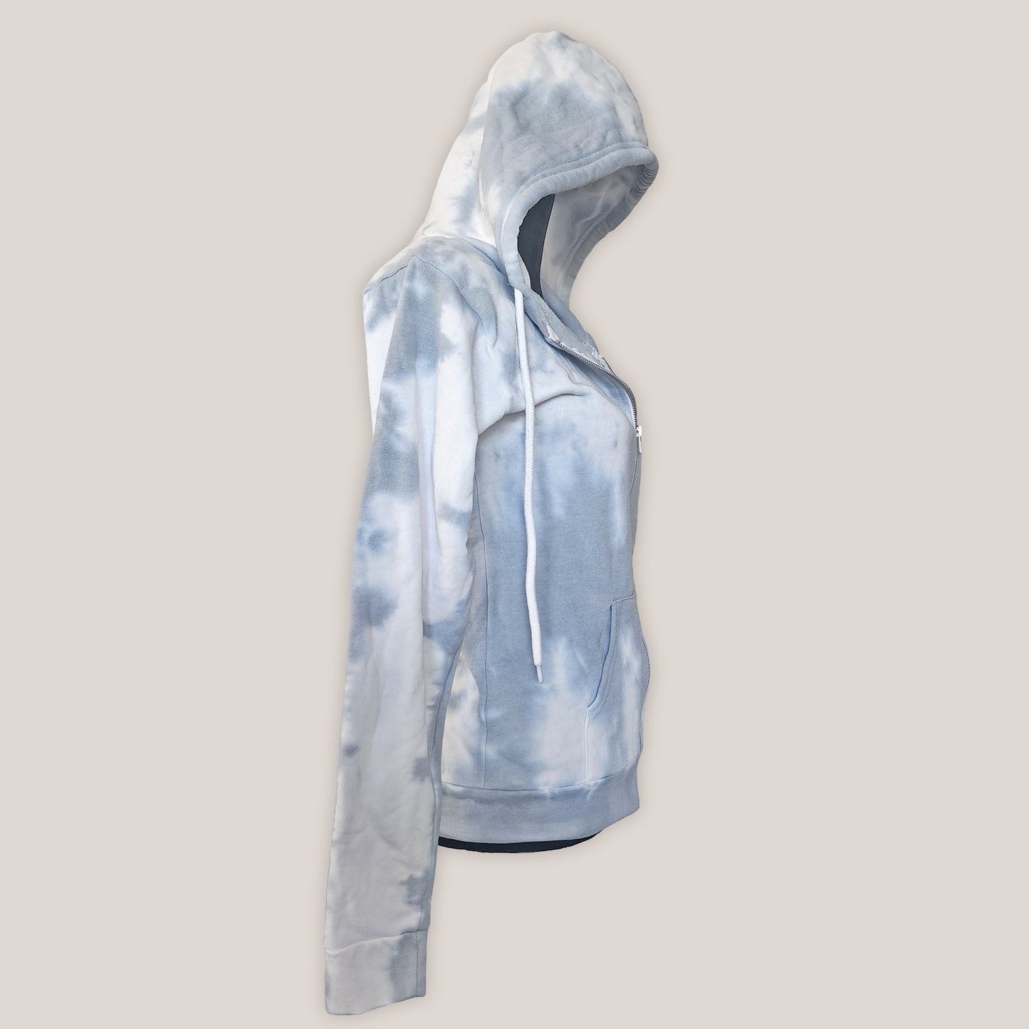 Gray tie-dye hoodie on a beige background