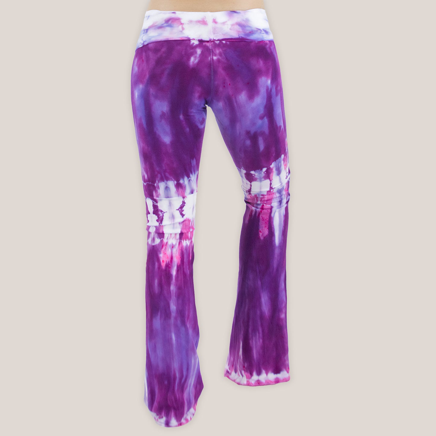 Purple tie dye yoga pants with wide waistband by Akasha Sun.