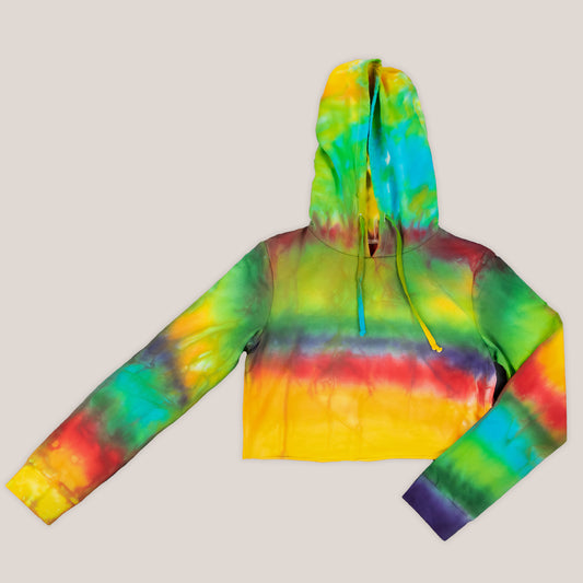 Rainbow tie dye hoodie crop top with a hood, drawstrings, and long sleeves.
