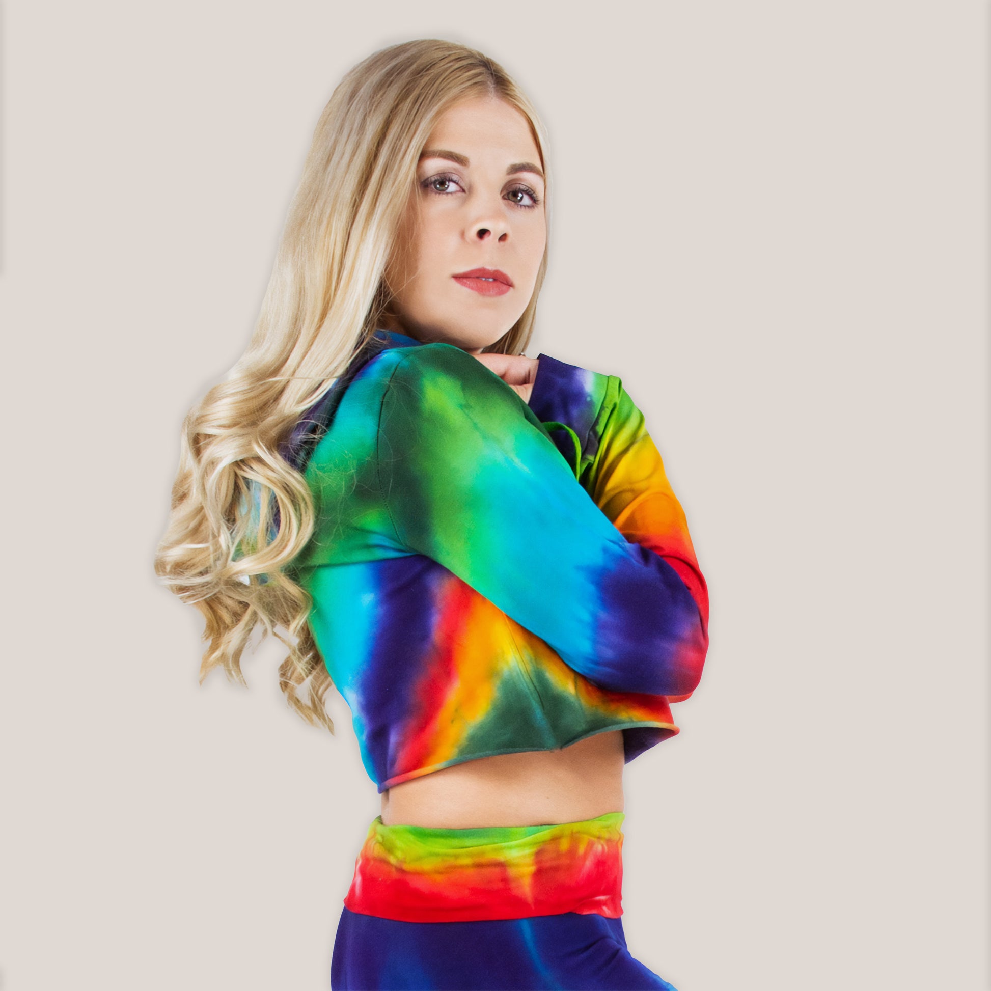 Rainbow Tie Dye Crop Top with a hoodie, drawstrings, and long sleeves.