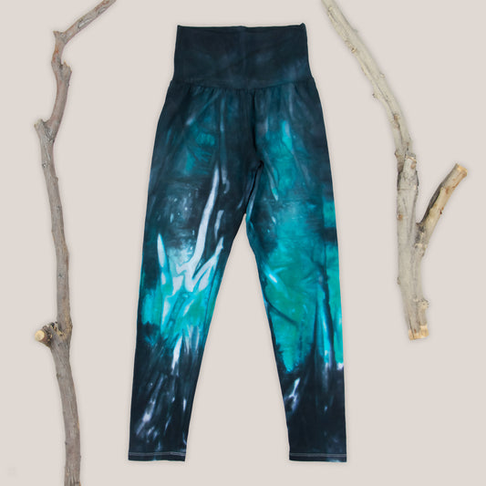 Black and Teal Tie Dye Leggings with foldover waistband by Akasha Sun