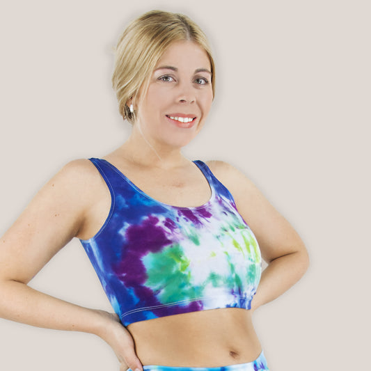 Blue, purple, and green tie dye crop tank by Akasha Sun.