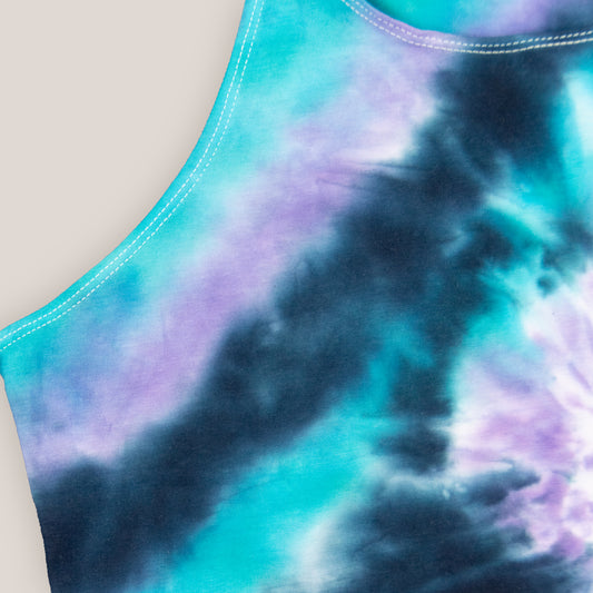 Black, teal, and purple tie dye crop top by Akasha Sun.
