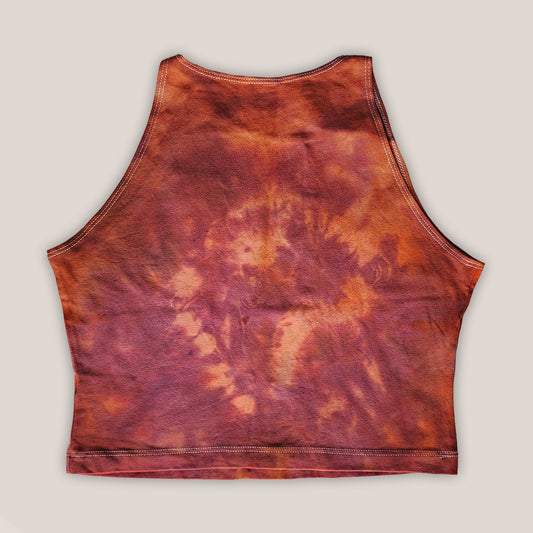 Red and orange tie dye cotton crop top on beige background
