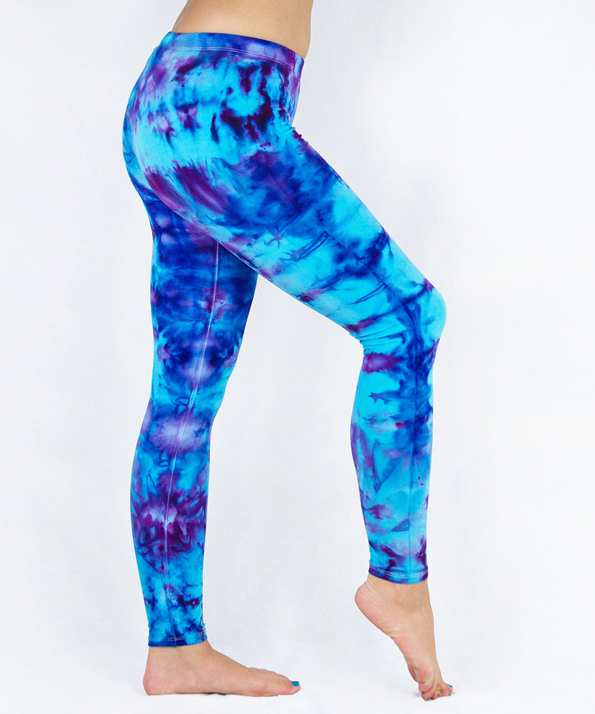 Blue and purple ice dye yoga leggings by Akasha Sun.