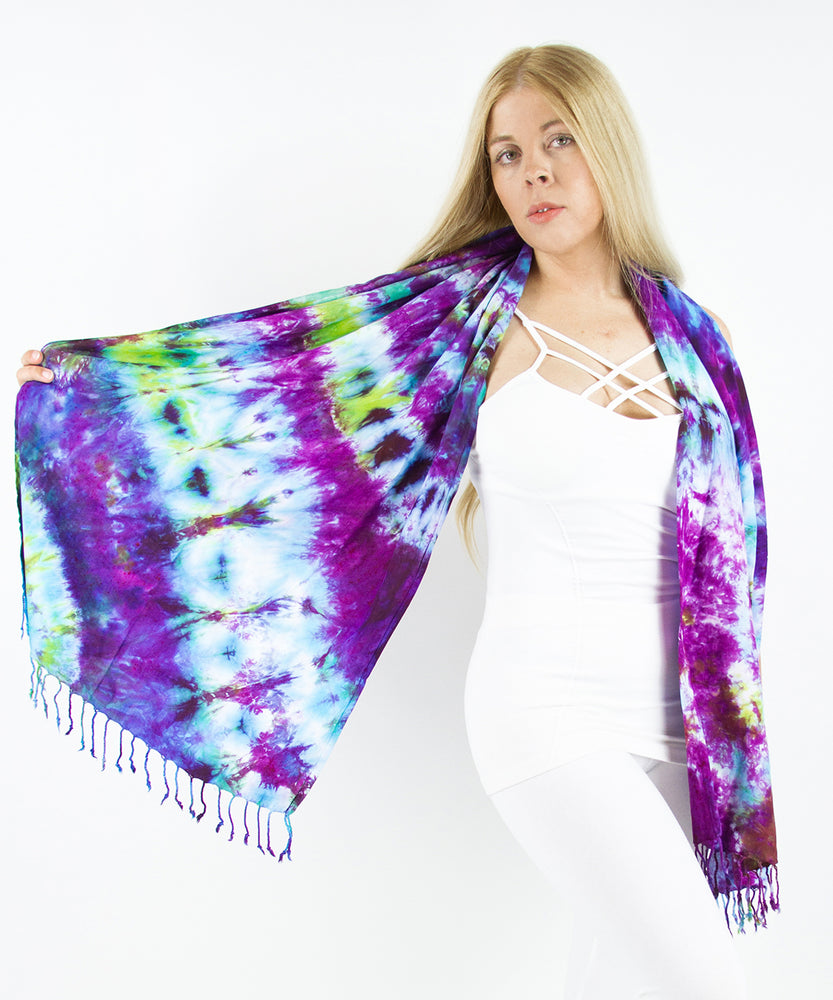 Purple, blue, and green tie dye scarf with fringe by Akasha Sun.