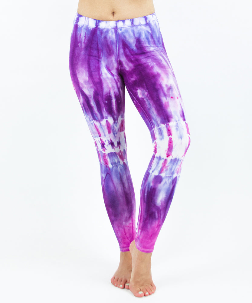 Purple tie dye yoga leggings by Akasha Sun.
