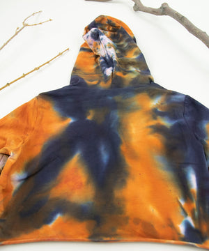 Orange and black tie dye hoodie crop top by Akasha Sun.