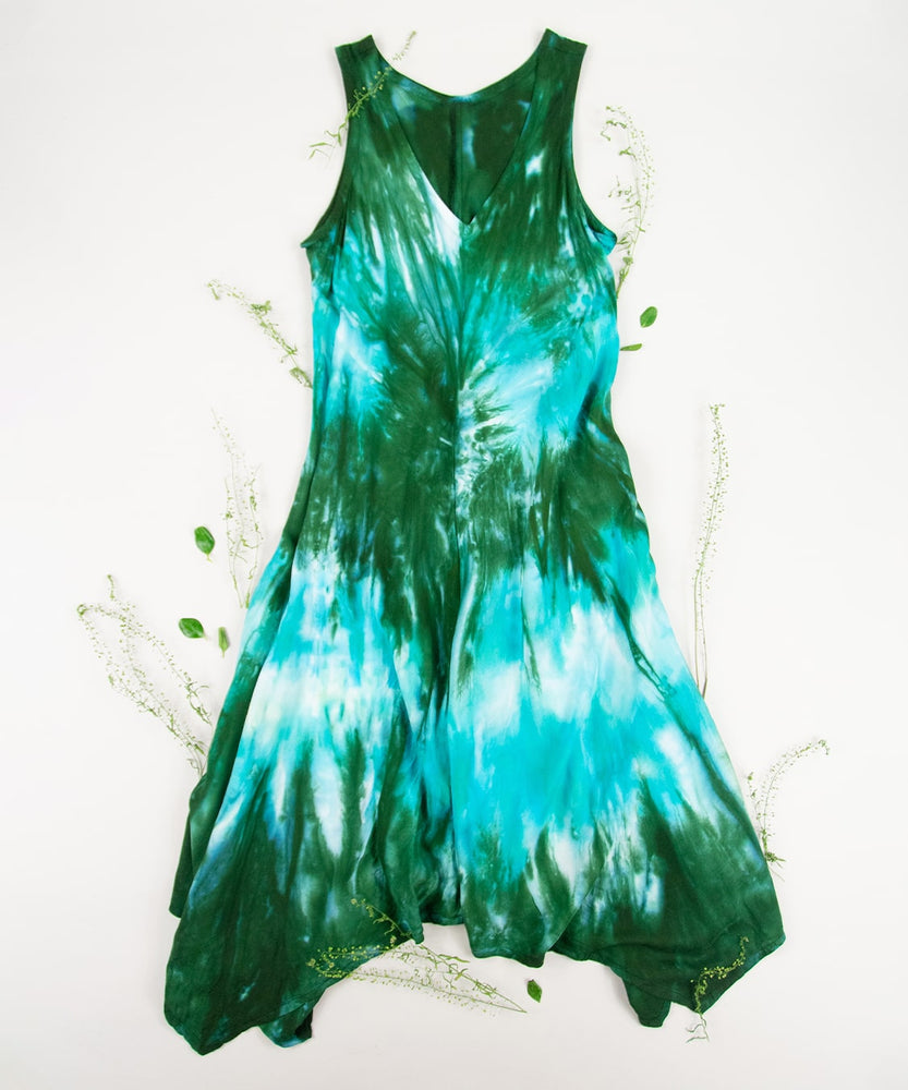 Teal and green tie dye dress by Akasha Sun.