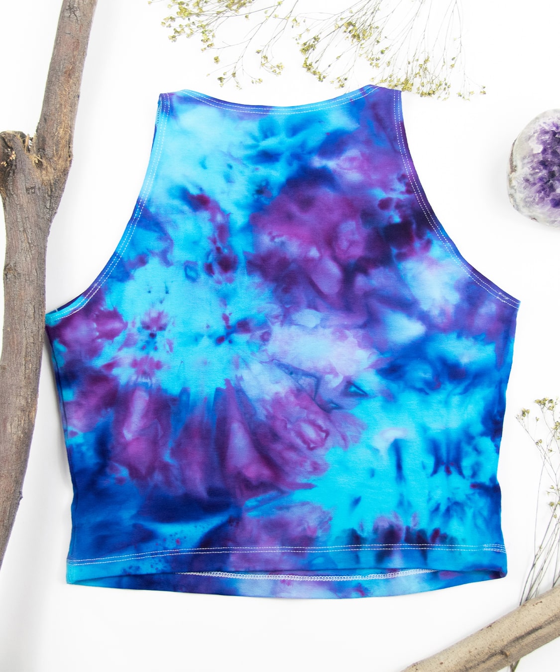 Blueberry + purple tie dye crop top using ice dye methods.