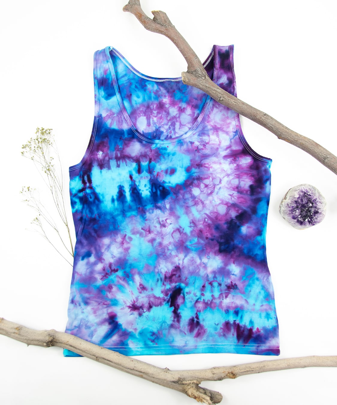 Blueberry ice dye tank top by Akasha Sun. Hand-dyed blue tie dye shirt.
