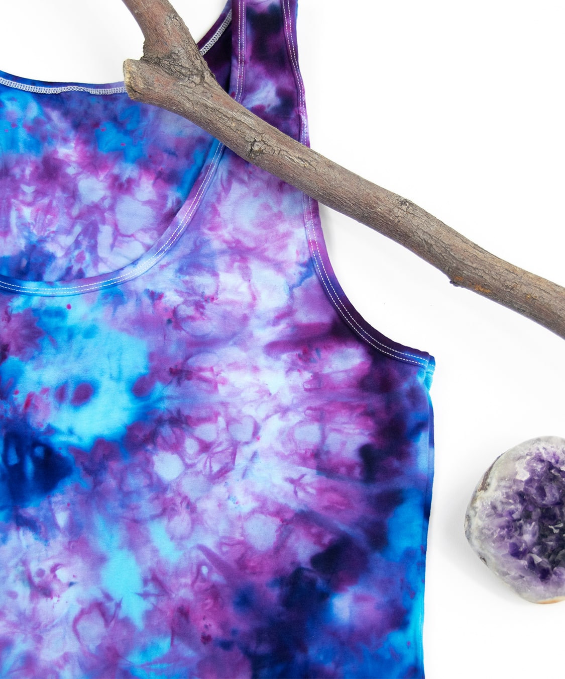 Blueberry ice dye tank top by Akasha Sun. Hand-dyed blue tie dye shirt.