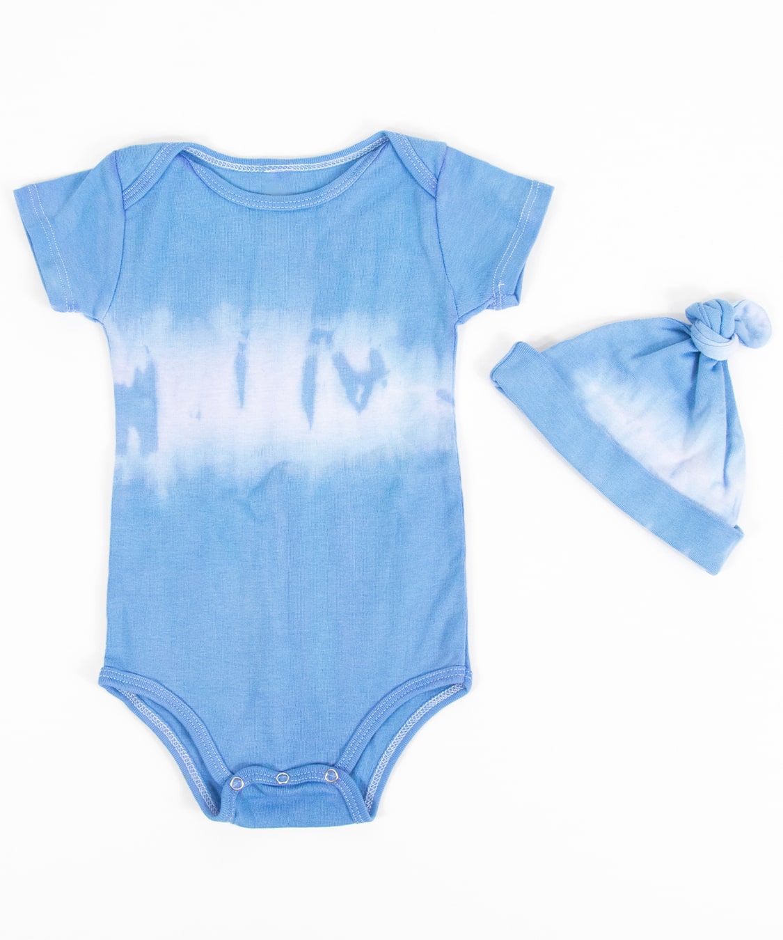 Blue and white organic tie dye bodysuit and baby hat set.