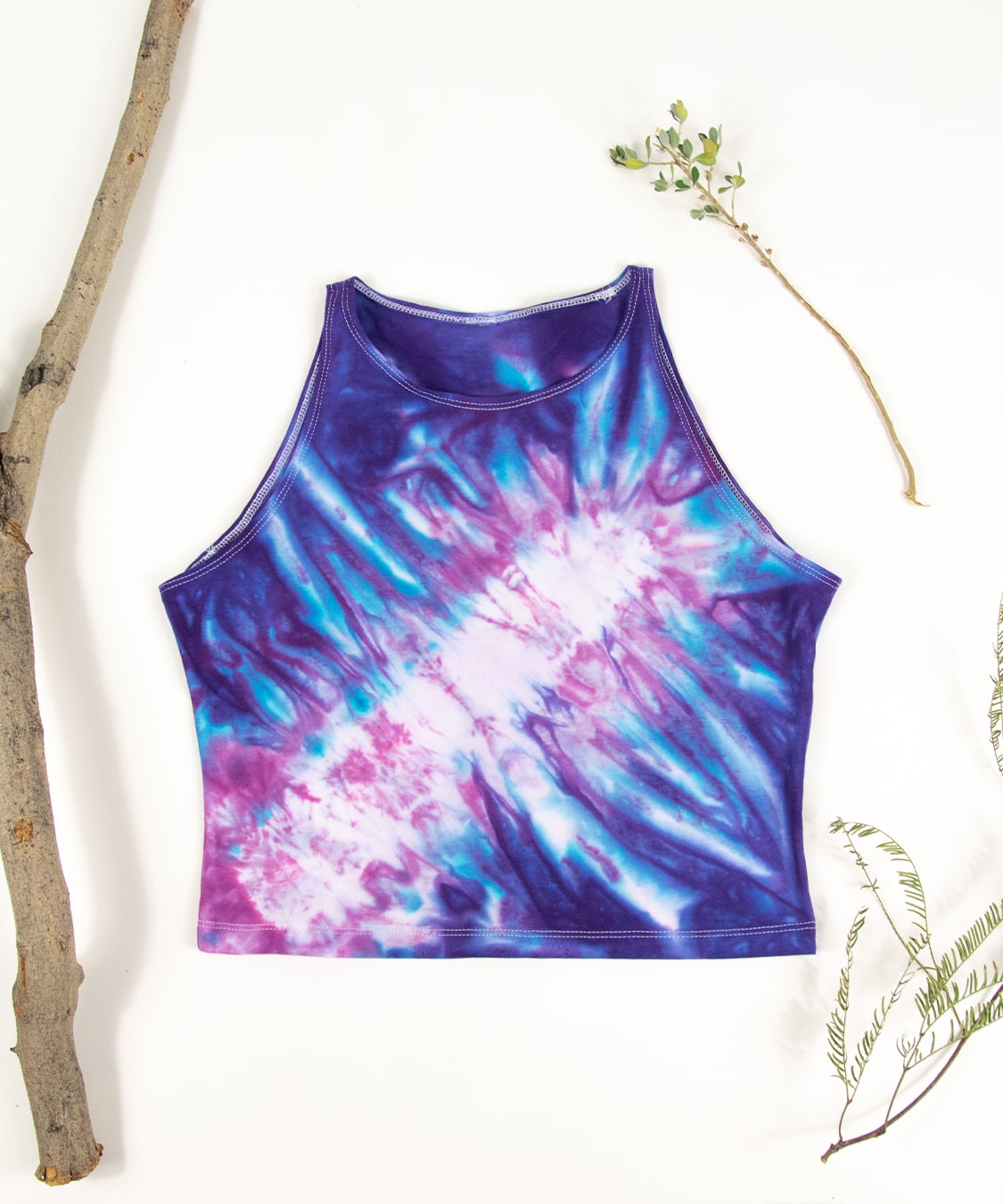 Purple and pink tie dye crop top by Akasha Sun.