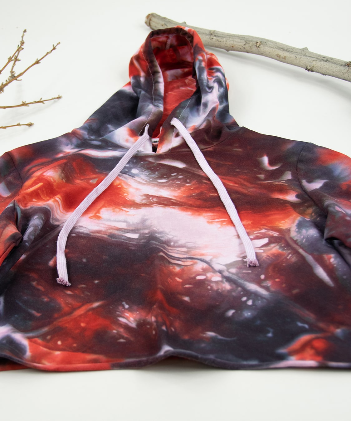 Red and black tie dye hoodie crop top by Akasha Sun.
