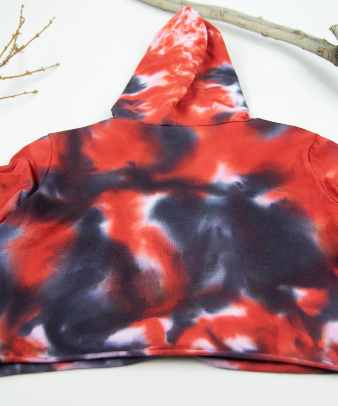 Red and black tie dye hoodie crop top by Akasha Sun.