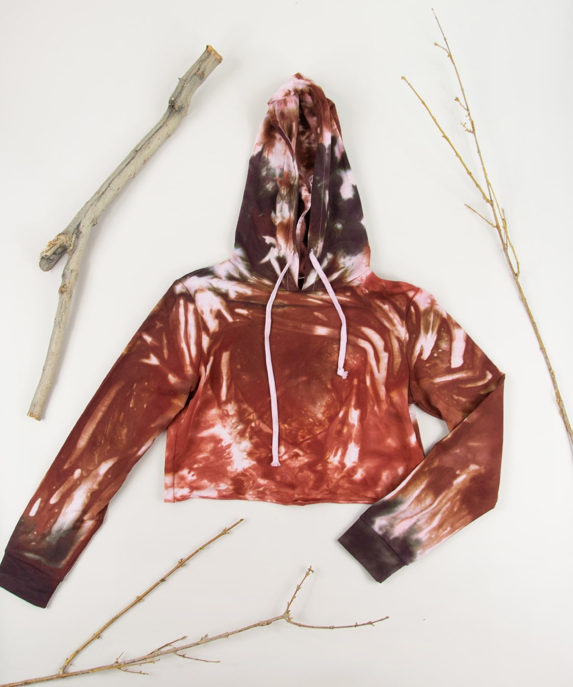 Rust orange + brown tie dye hoodie crop top with hood.