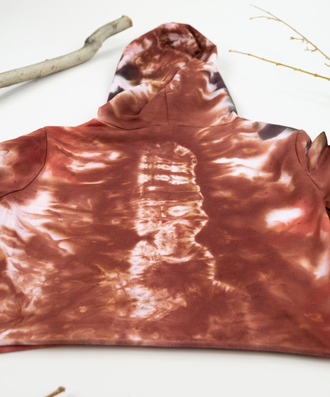 Rust orange + brown tie dye hoodie crop top with hood.