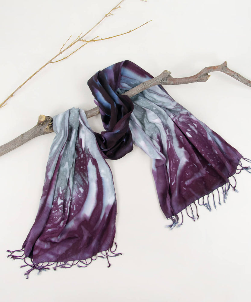 Purple and gray tie dye scarf by Akasha Sun.