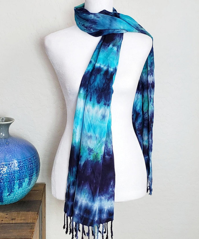 Teal and blue tie dye Scarf with fringe.