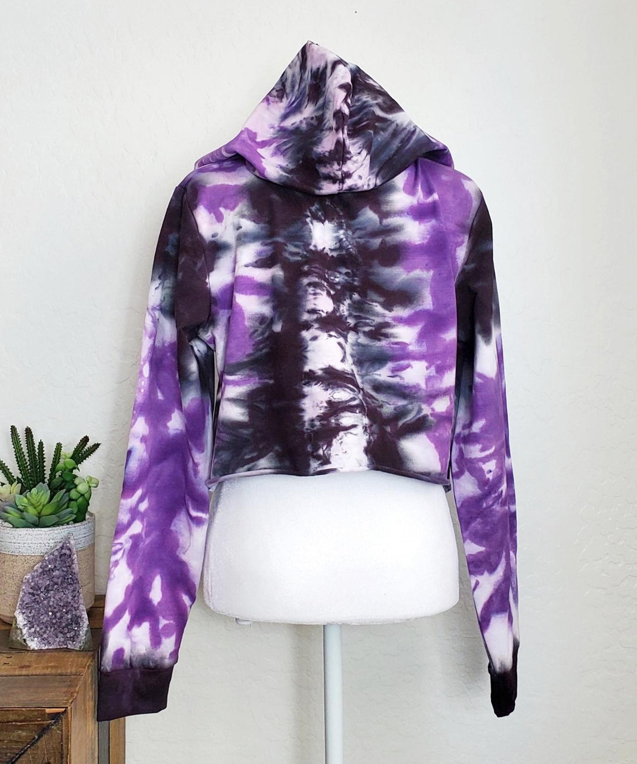 Purple and black tie dye hoodie crop top.