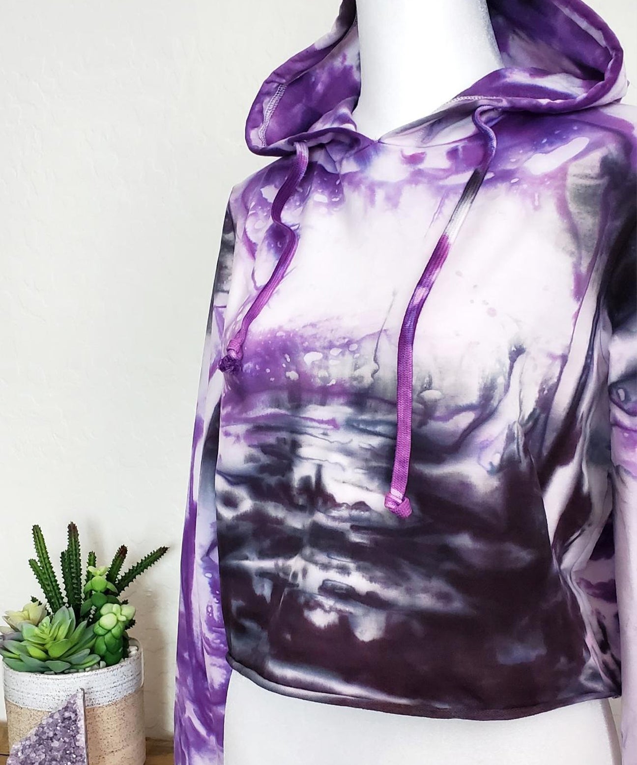 Purple and black tie dye hoodie crop top.