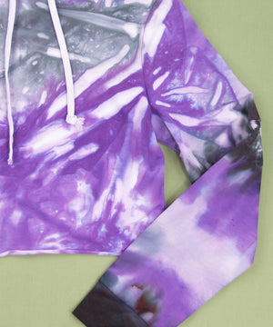 Purple and black tie dye hoodie crop top with draw strings.
