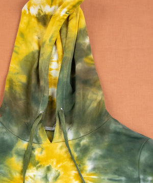 Gold and green tie dye hoodie crop top with a hood and drawstrings by Akasha Sun.