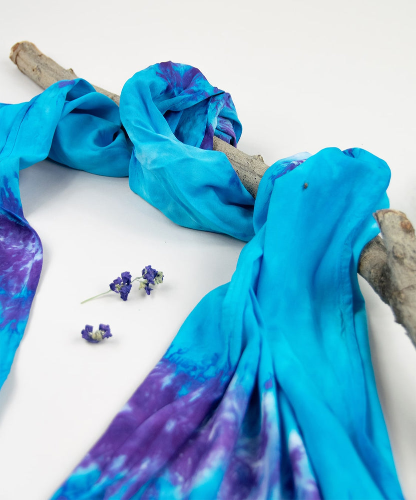 Blue and purple tie dye scarf by Akasha Sun.