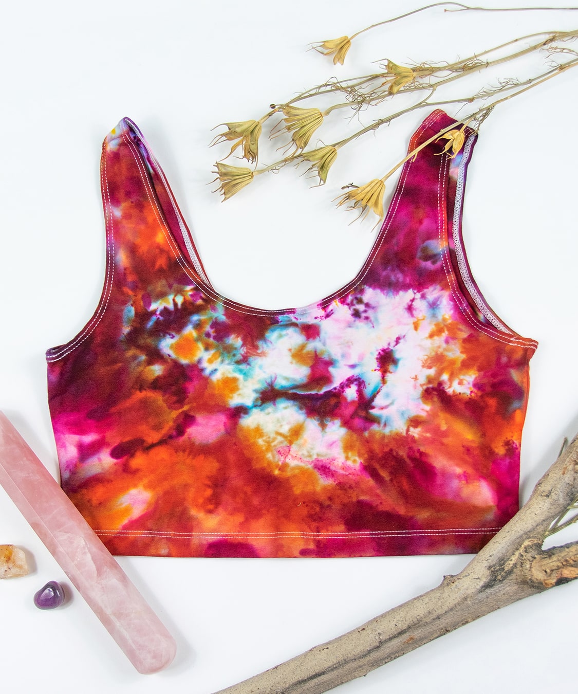 Pink, orange, and red tie dye crop tank by Akasha Sun.