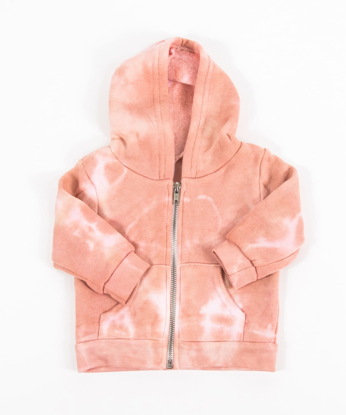 Rose gold tie dye baby jacket with a fleece interior, hood, and zipper.