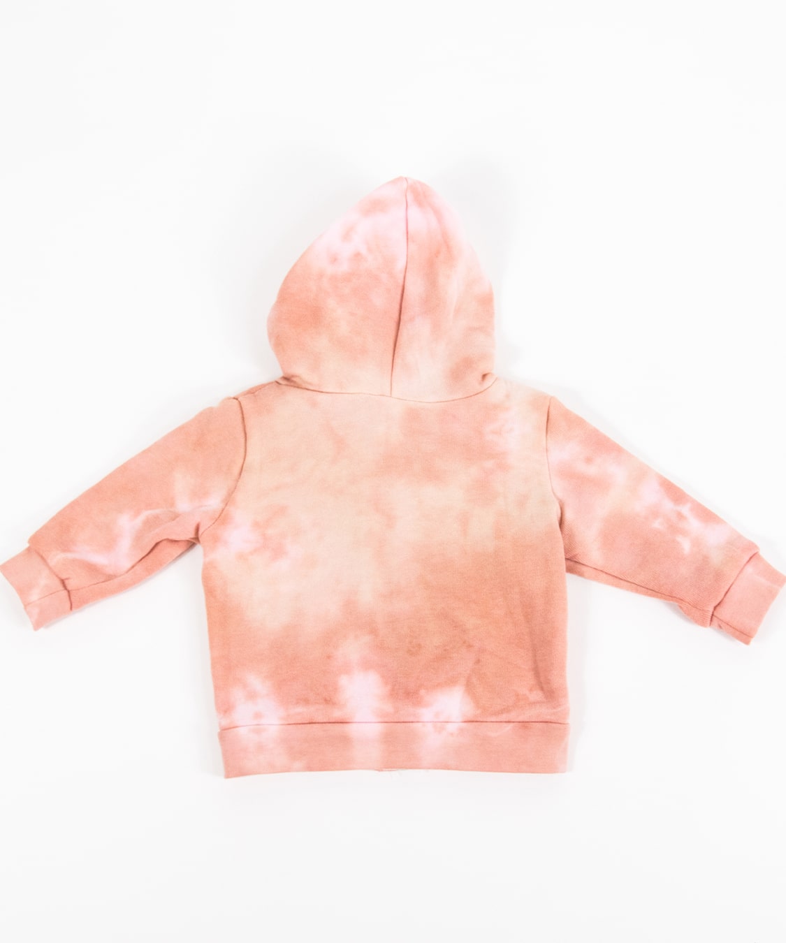 Rose gold tie dye baby jacket with a fleece interior, hood, and zipper.