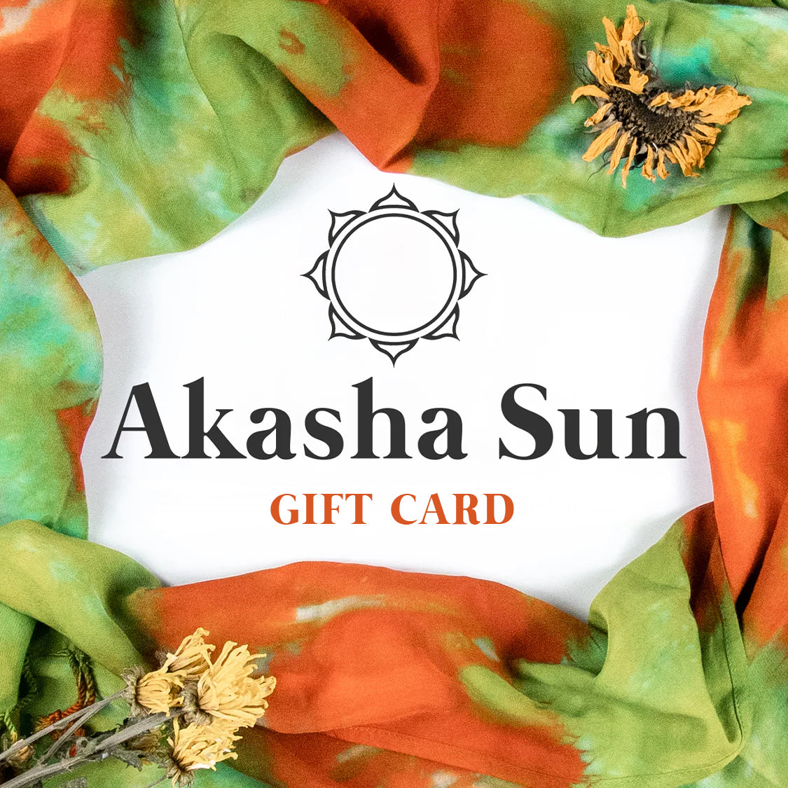 Gift card from Akasha Sun with a colorful fabric background