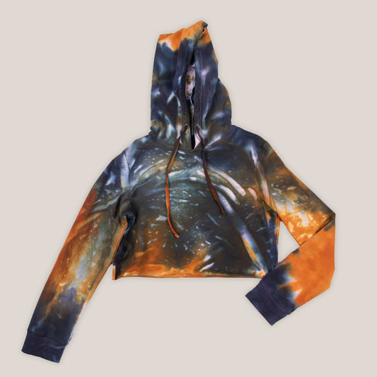 Orange and black tie dye hoodie crop top by Akasha Sun.