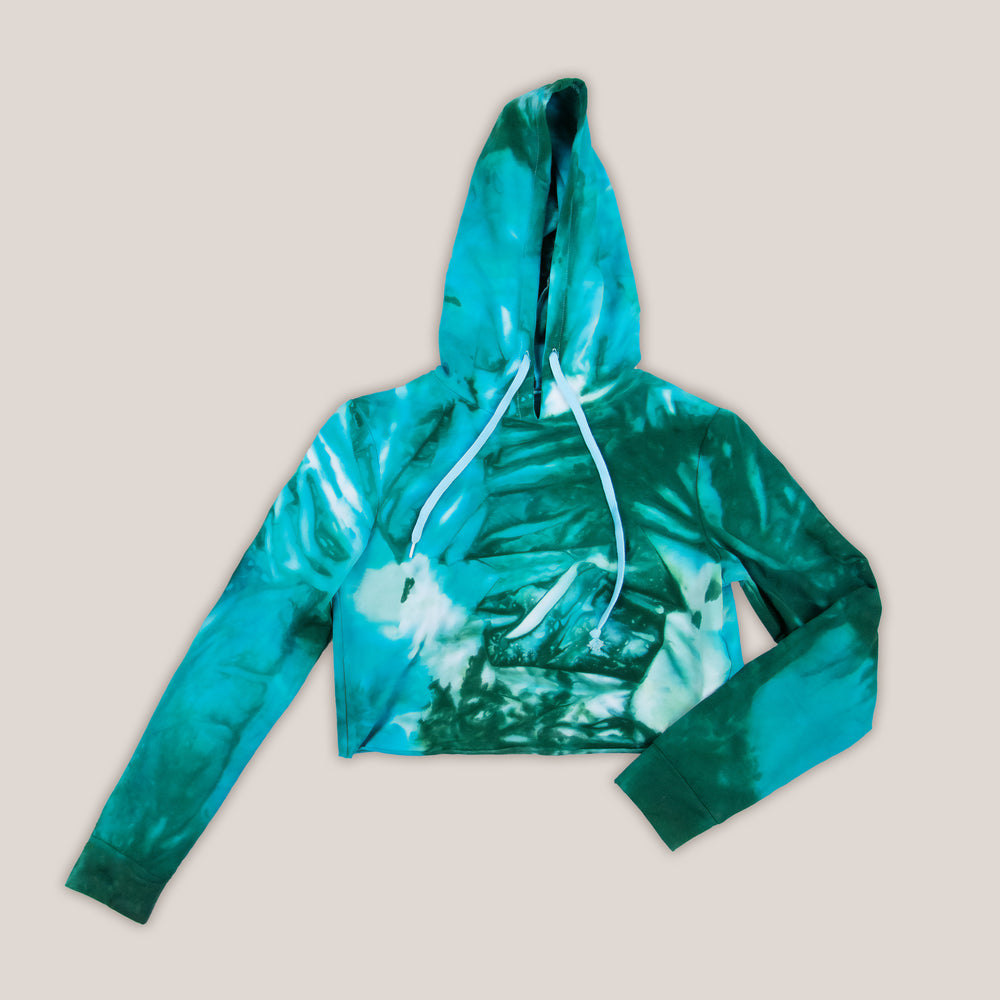 Teal and green tie dye hoodie crop top by Akasha Sun.