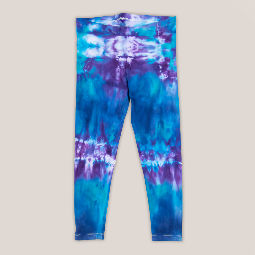 Blue and purple tie dye yoga leggings by Akasha Sun.