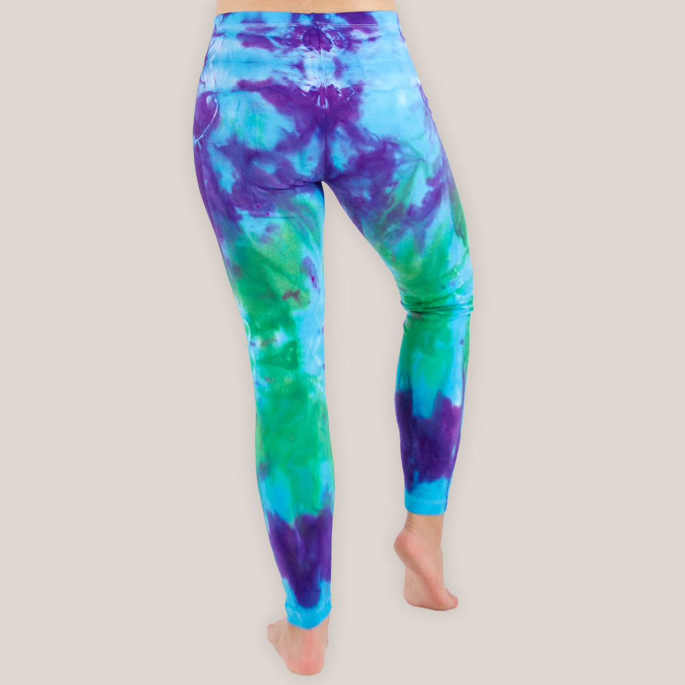 Teal + blue tie dye yoga leggings by Akasha Sun.