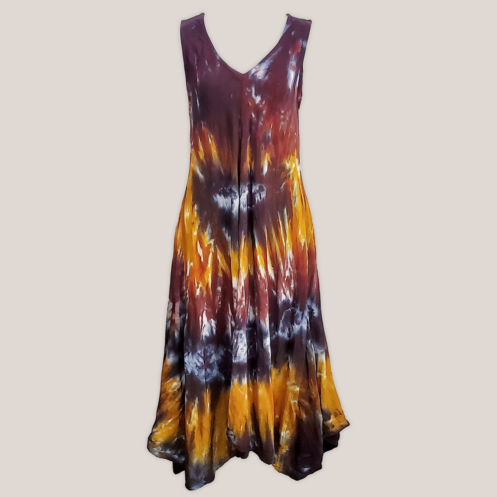 An amber and black tie dye short sleeve waterfall dress with a v-neck.