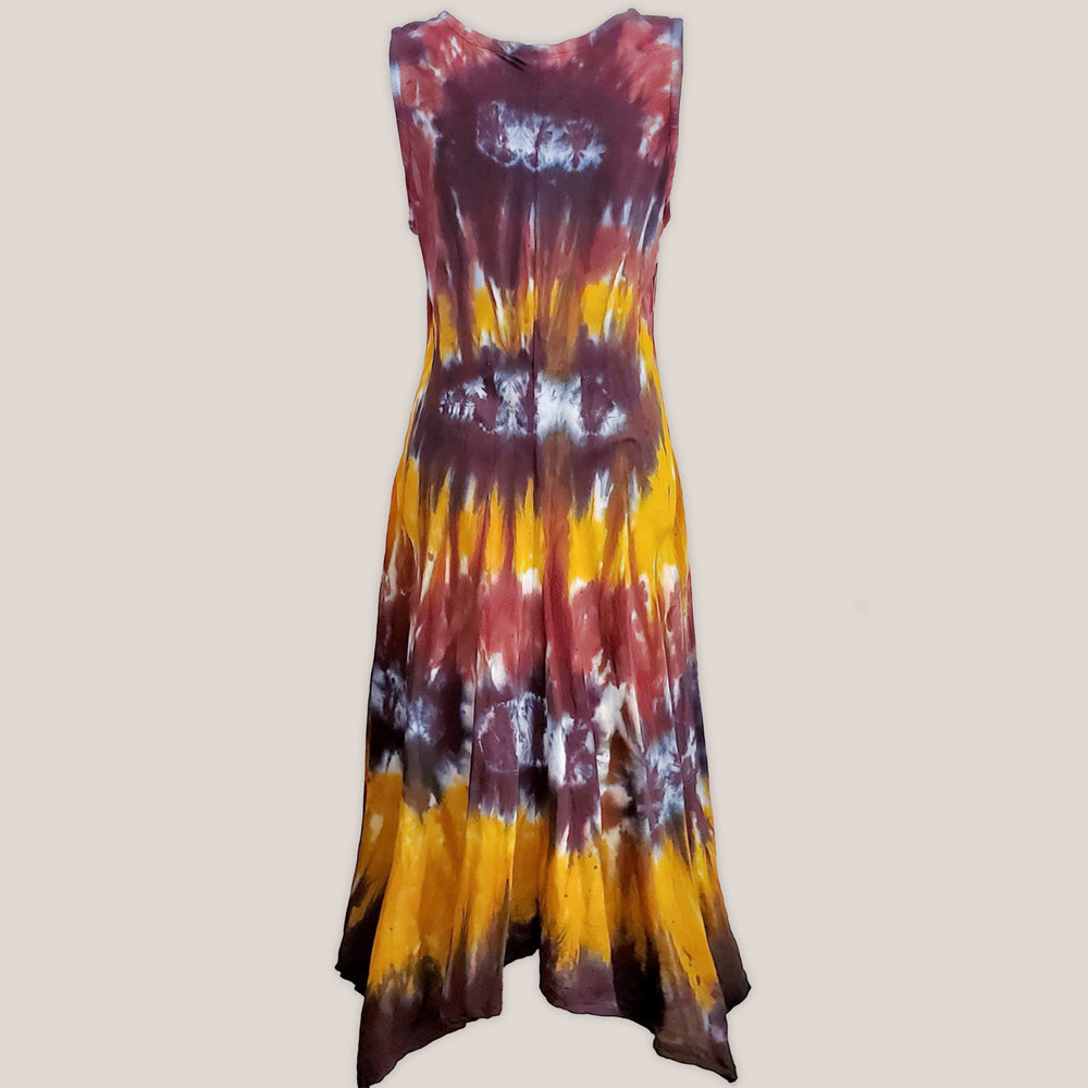 An amber and black tie dye short sleeve waterfall dress with a v-neck.