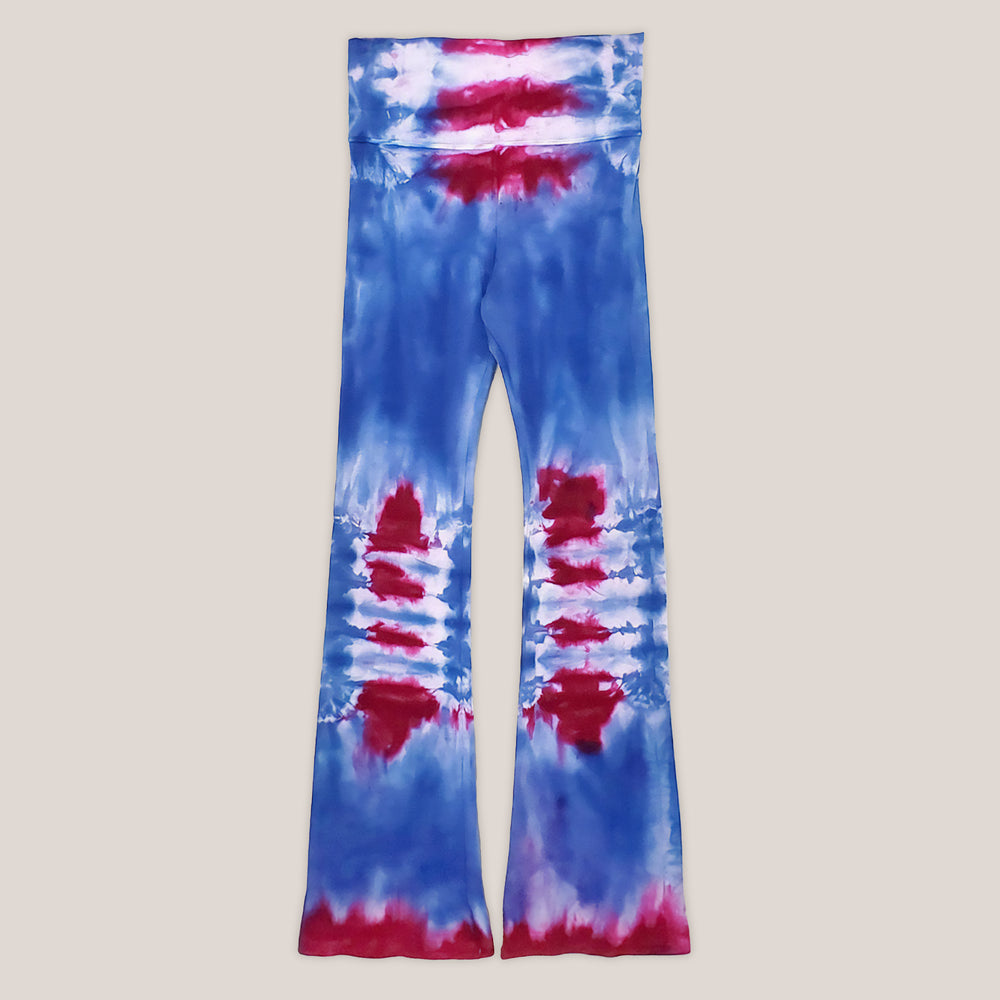 Blue and Raspberry Tie Dye Yoga Pants with a Foldover Waistband by Akasha Sun.