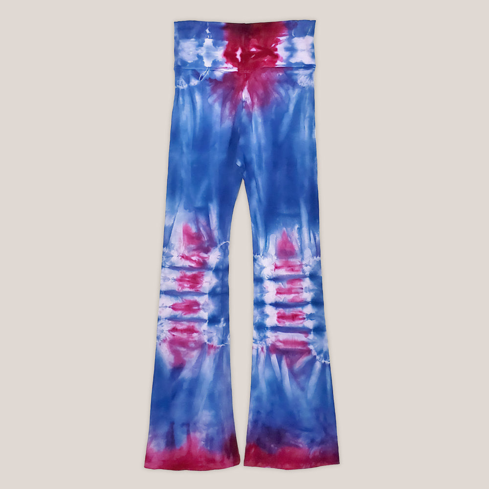 Blue and Raspberry Tie Dye Yoga Pants with a Foldover Waistband by Akasha Sun.