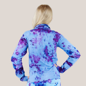 Blue + purple tie dye jacket by Akasha Sun.